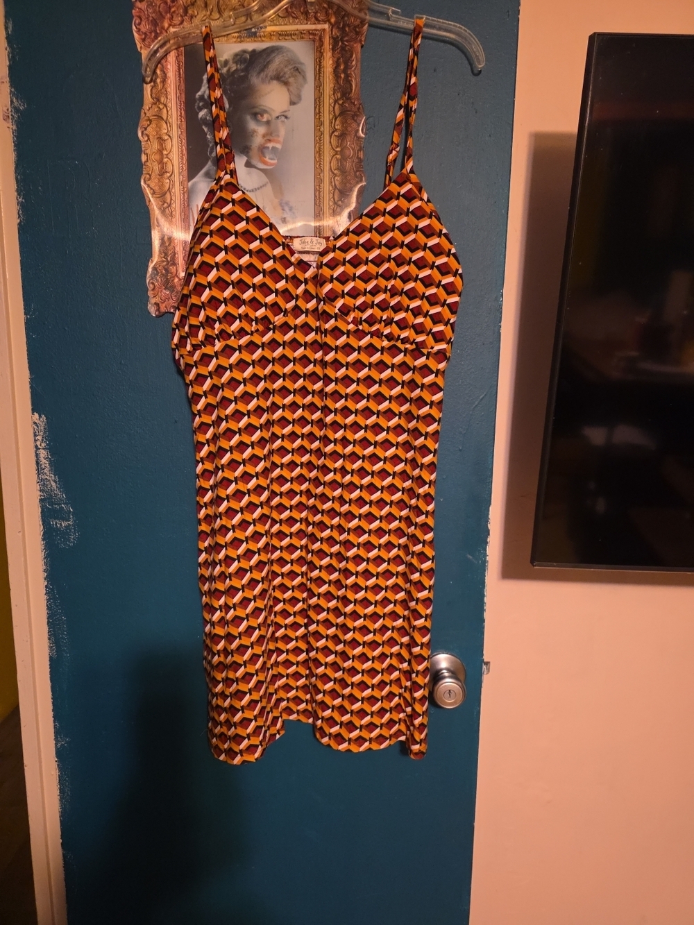 Geometric Print Slip Dress in Mustard & Burgundy